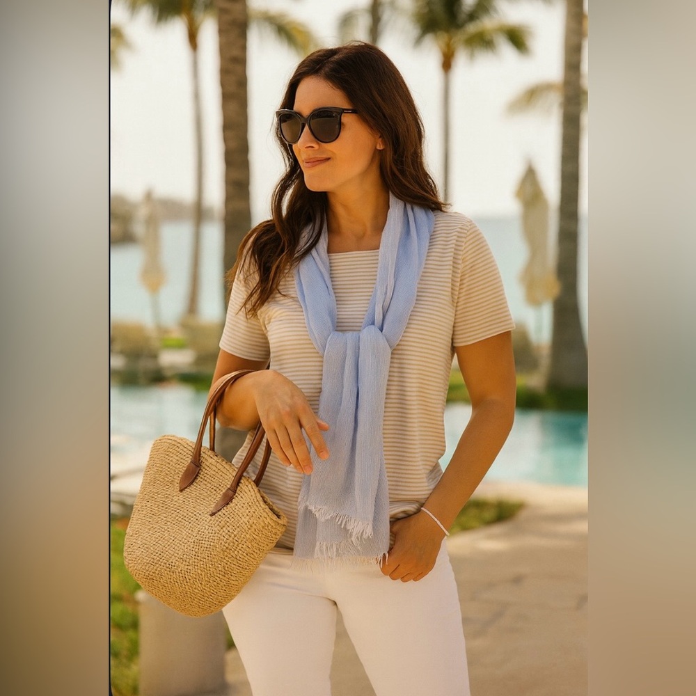 Chico's Tan Striped Pullover Top Blouse Minimalist Women's Size Small